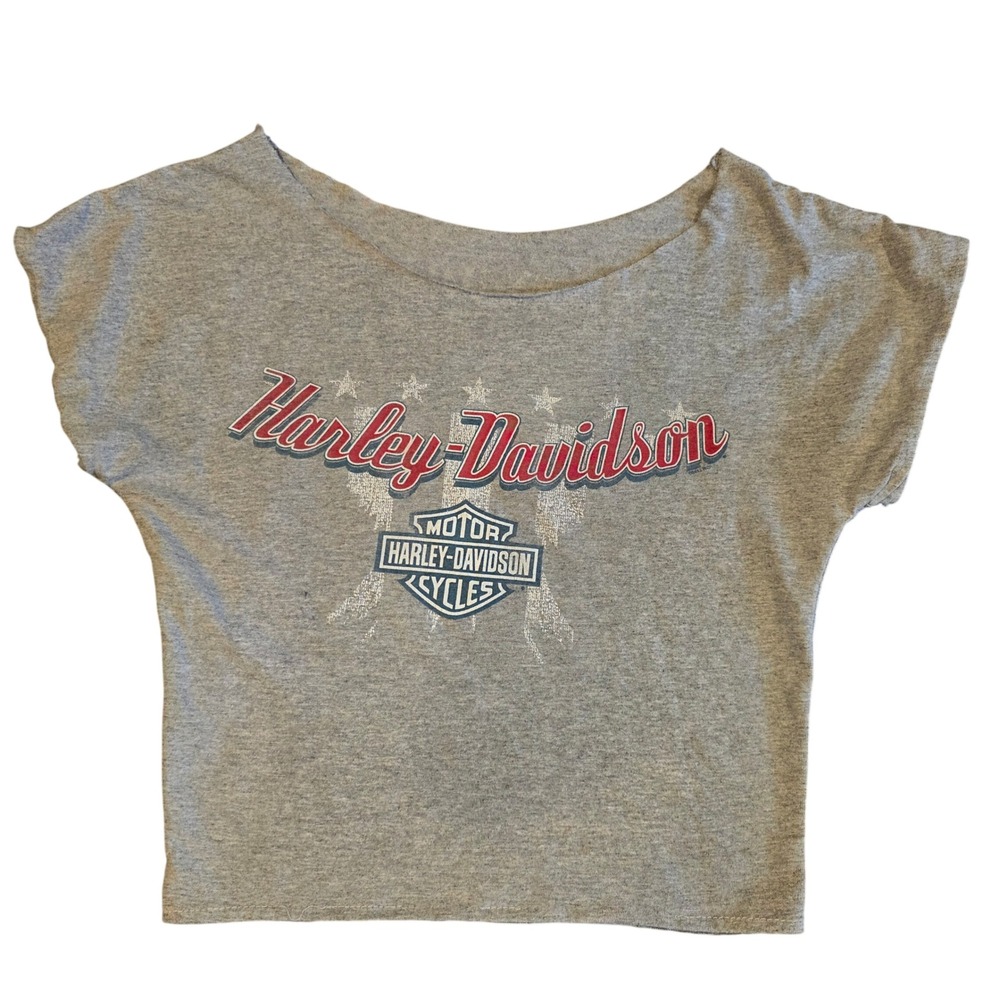 Vintage 2012 Harley Davidson Crop Top T Shirt Raw Cut Distressed Gray Women L